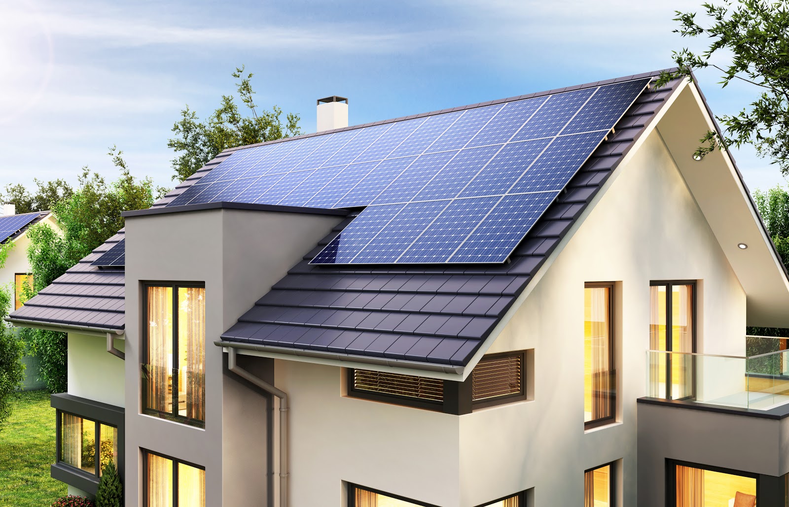 Solar panels on the roof of the modern house. 3D rendering